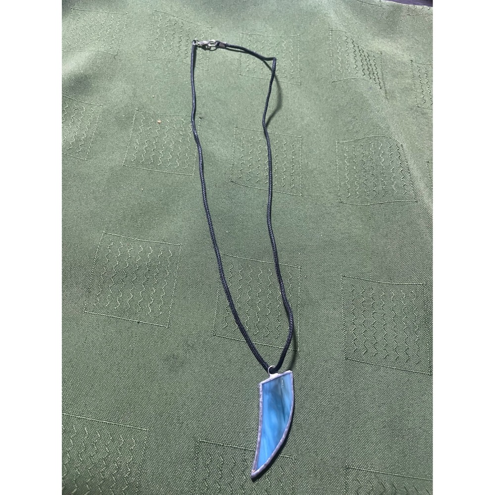 Handmade Stained Glass Horn Pendant Necklace Blue Marbled Artisan Jewelry